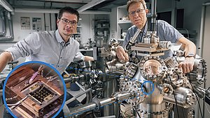 Yurii Radiev und Gregor Witte untersuchen den inneren Aufbau organischer Elektronik; der Einschub zeigt einen Chip mit kontaktierten organischen Transistoren im Inneren der Apparatur. 