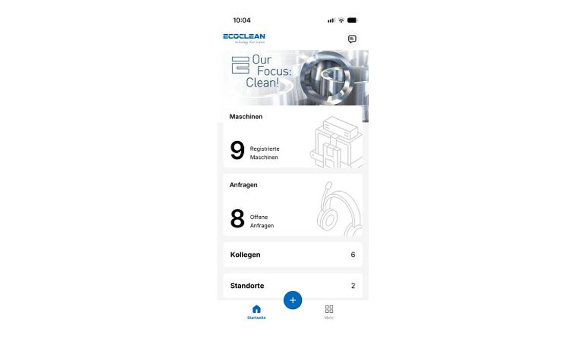 Screenshot der Ecoclean App mit Funktionen für Serviceanfragen und Anlagendaten