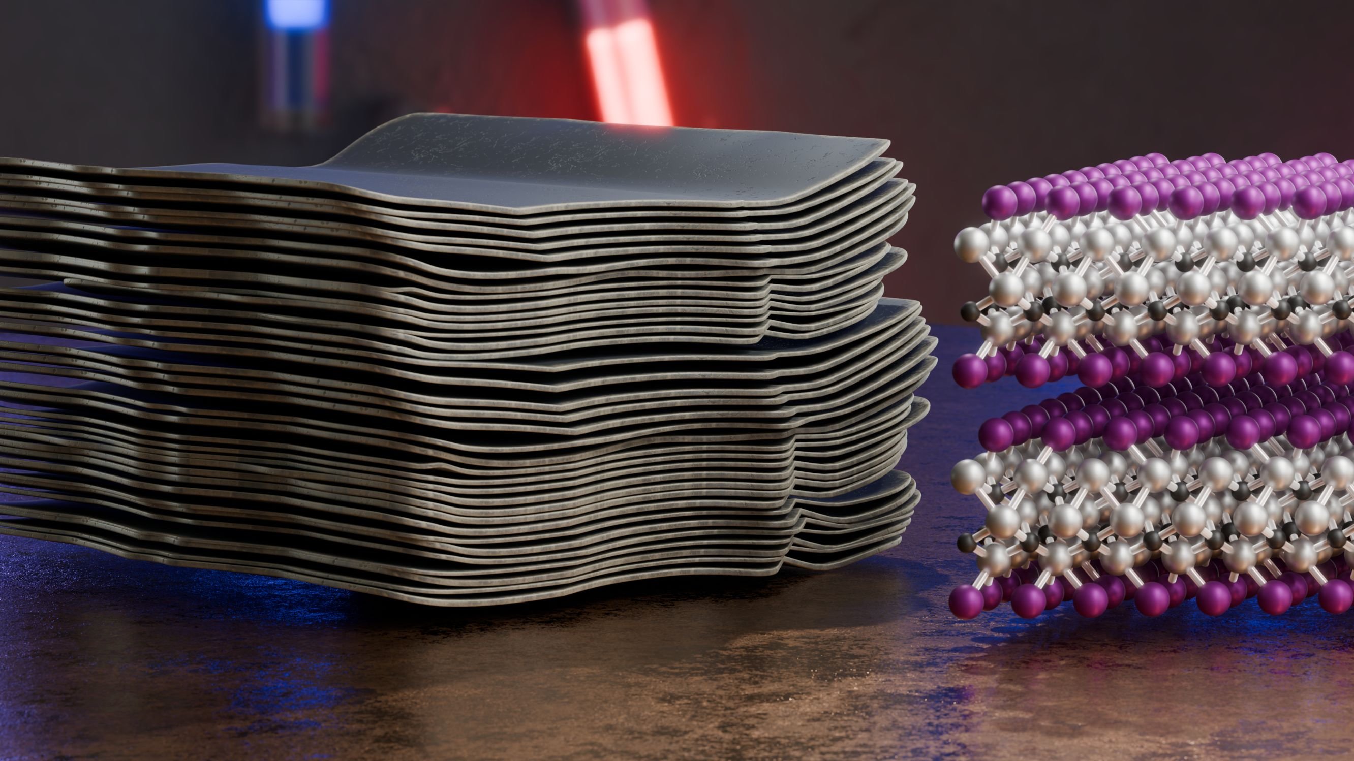 Combination of a model from a scanning electron microscope image (left) with a section of the crystal structure of an MXene with precisely controlled surface finishes. 
