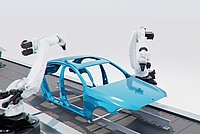 Lackierroboter mit blauer Karosserie