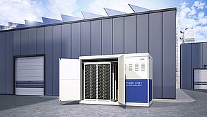 Batteriespeicher Power Store vor Halle