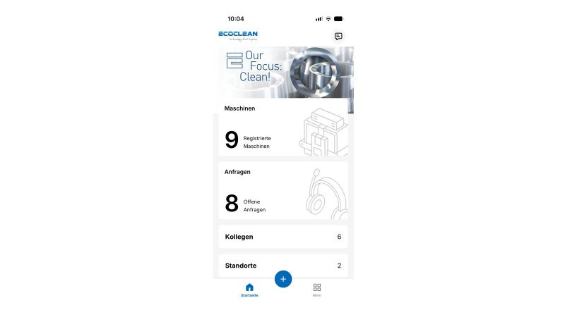 Screenshot der Ecoclean App mit Funktionen für Serviceanfragen und Anlagendaten
