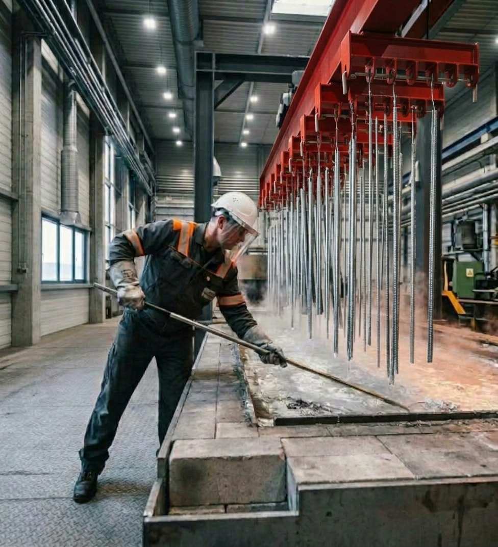 Ein Mitarbeiter arbeitet an einem Feuerverzinkungskesse.