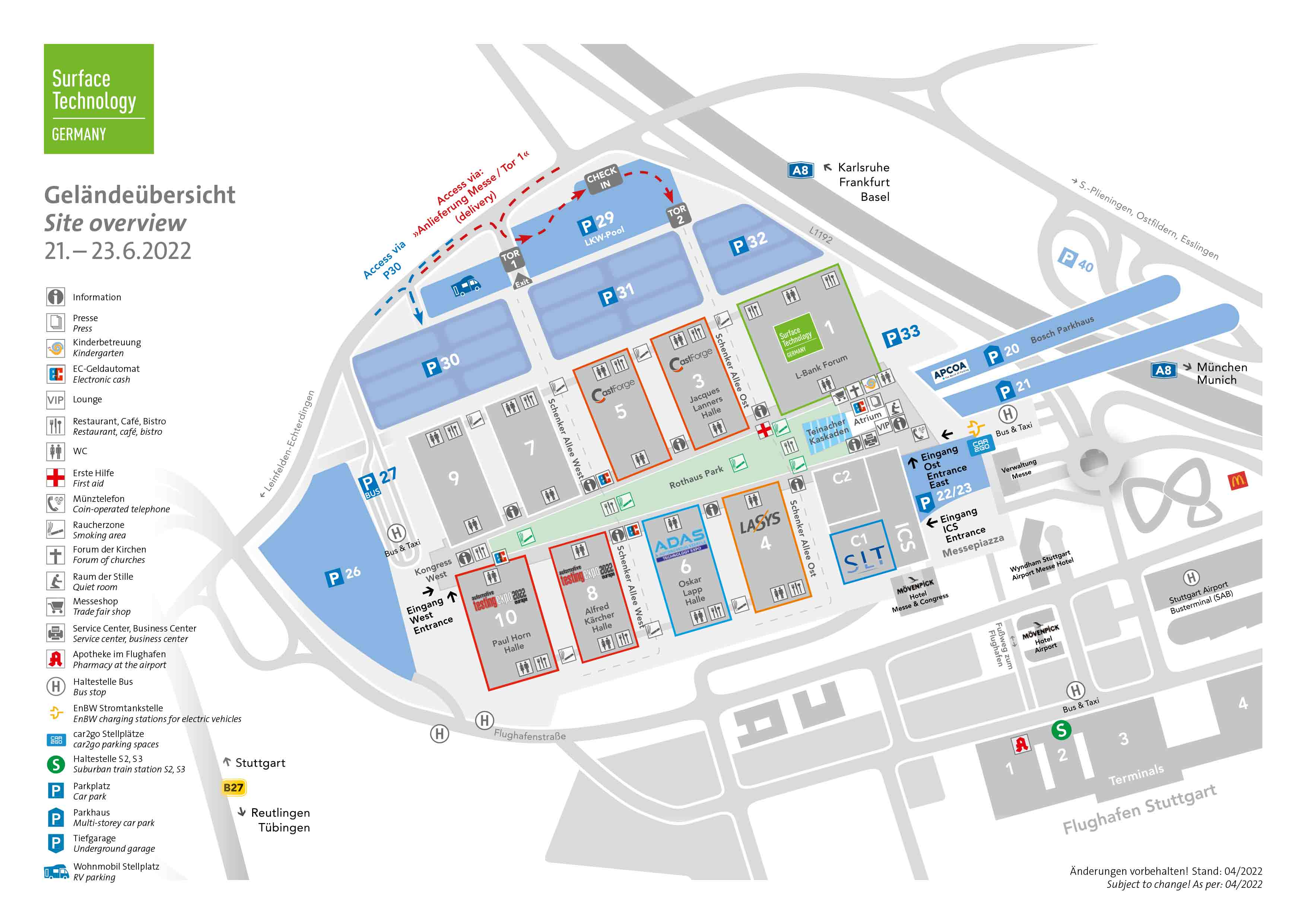 Übersicht des Geländes der Stuttgarter Messe mit der Hallenbelegung für die unterschiedlichen Messen: Lasys, Adas, automotive tTesting und CastForge und SurfaceTechnology. 